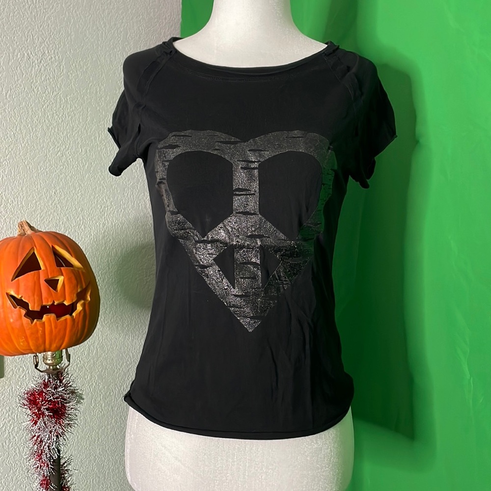 Designer silk screen black raw edged T-shirt